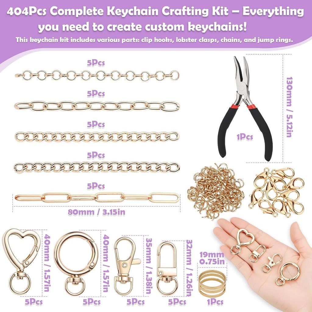 404Pcs Charms Lip Gloss Keychain Making Kit, DIY Craft Supplies with Charms, Key Chain Hooks, Jump Rings, Lobster Clasps, Chains, Jewelry Making Kit
