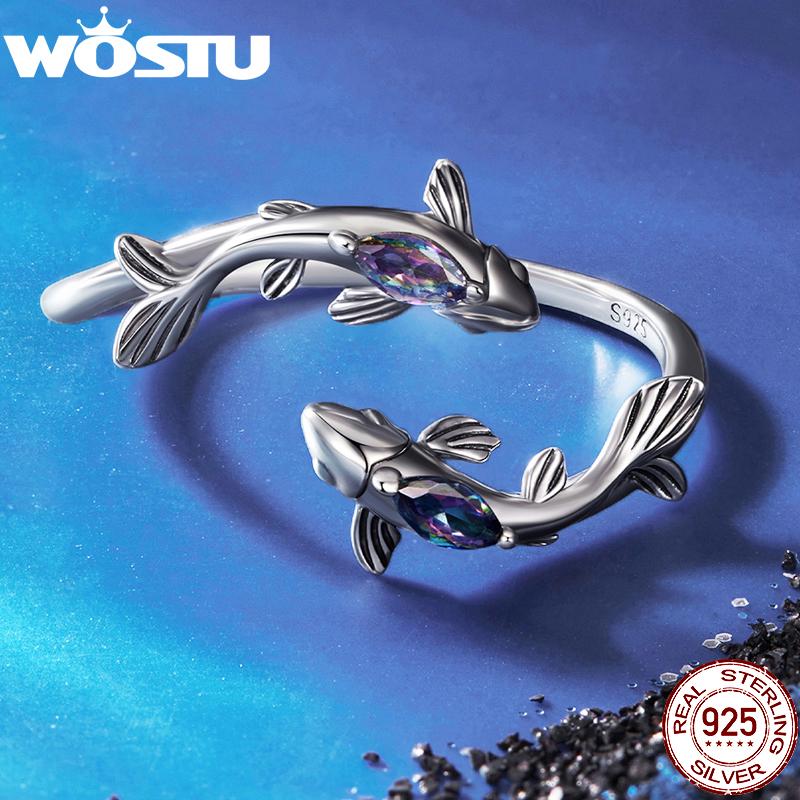 WOSTU 925 Sterling Silver Colorful 12 Zodiac Open Ring For Women Rainbow Zircon Crystal Stackable Rings Girl Family Gift