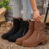 Зимние плиссированные ботинки мартин с круглым носком и средним каблуком 2025 Новые больших размеров ботильоны на молнии сбоку Женские