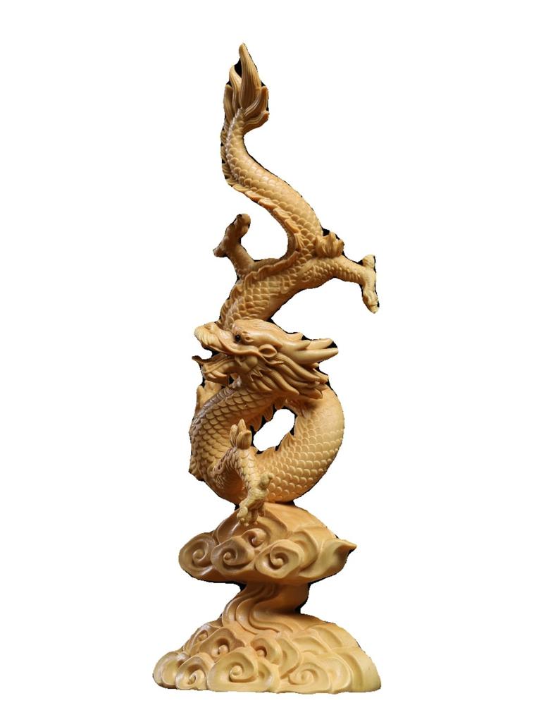 Фигурка Дракона, Резьба по дереву, Фигурка Года Дракона, Атрибутика Бога Дракона, Фигурка, приносящая удачу (20 см Высота x 8,5 см Ширина)