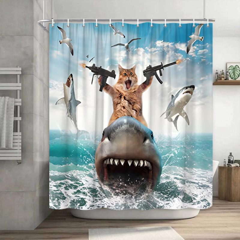 Забавная занавеска для душа с котом, крутая занавеска для ванной с изображением кота-динозавра, японская океанская волна, декоративная ткань, занавеска для ванной комнаты, детская деревенская деревянная занавеска для ванны