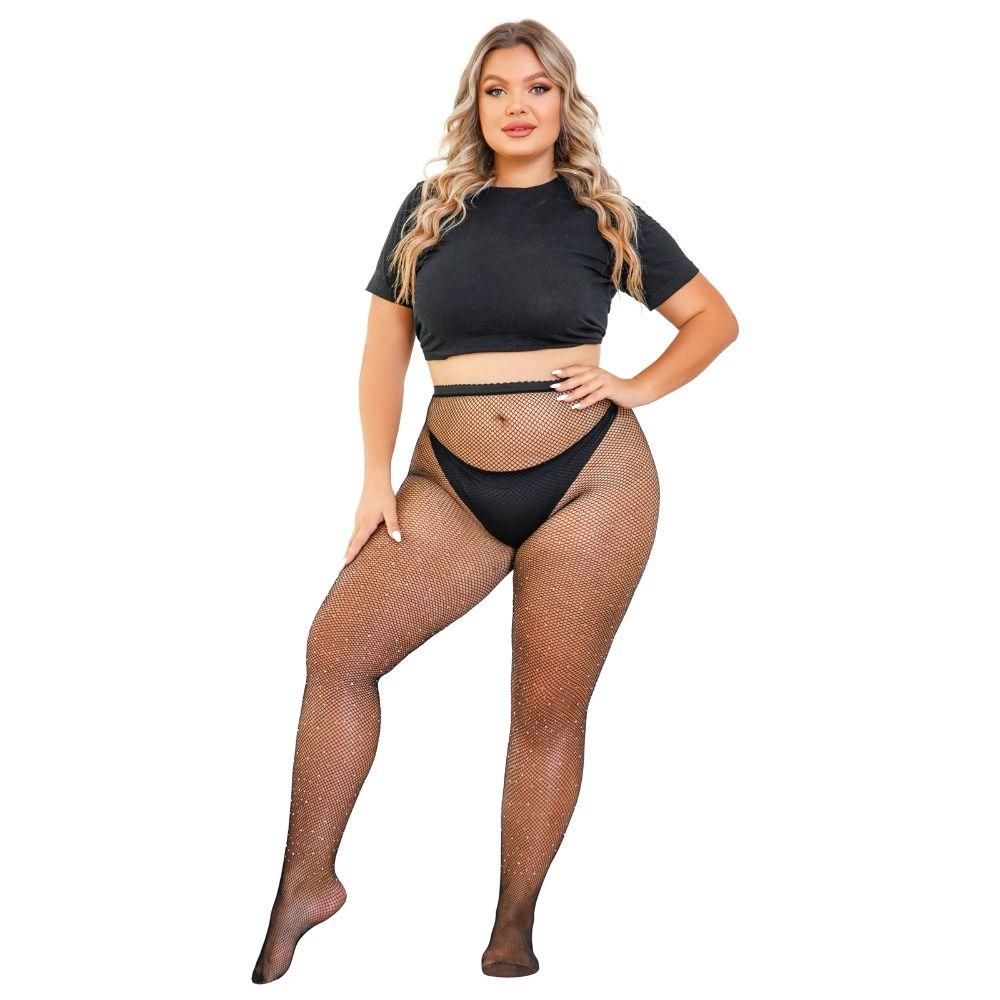 Sexy Rhinestone Fishnet Stockings Plus Size Sparkle Pantyhose Mesh High Waist Tights Women
