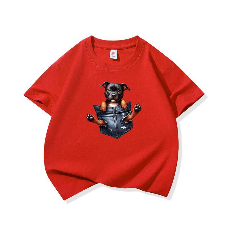 Kids Cotton T Shirt Adorable Pocket Staffordshire Dog Pattern Print Crew Neck Short Sleeve Tee Casual Boys Girls Summer Tops