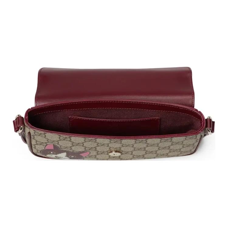 Gucci Double G Logo Cat Detail Coated Fabric Mini Shoulder Bag Women shoulder bag Deep-Red Brown 818764-FAEEP-8574