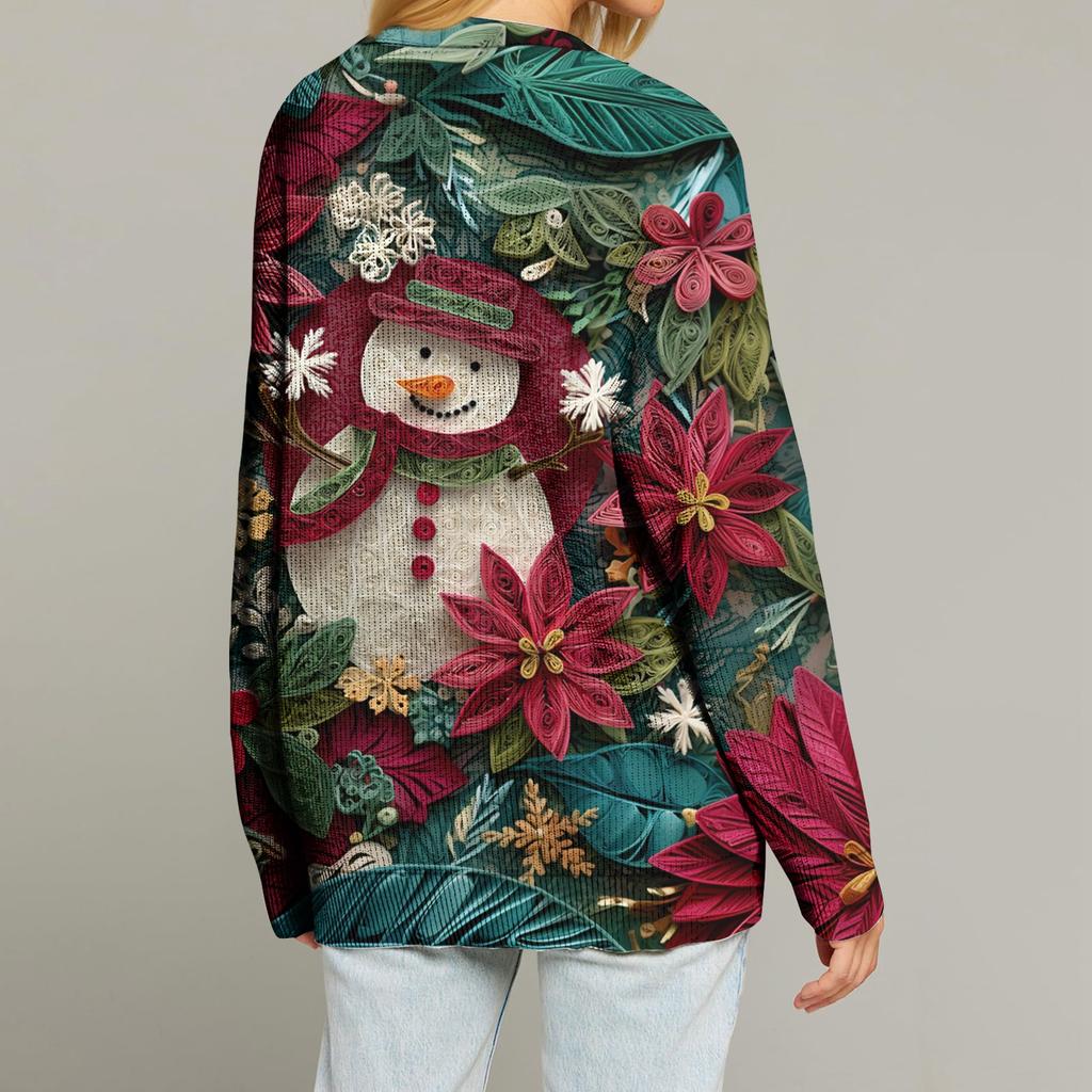 Women's Fashion Long Sleeve Print V-Neck Button Loose Cardigan Top