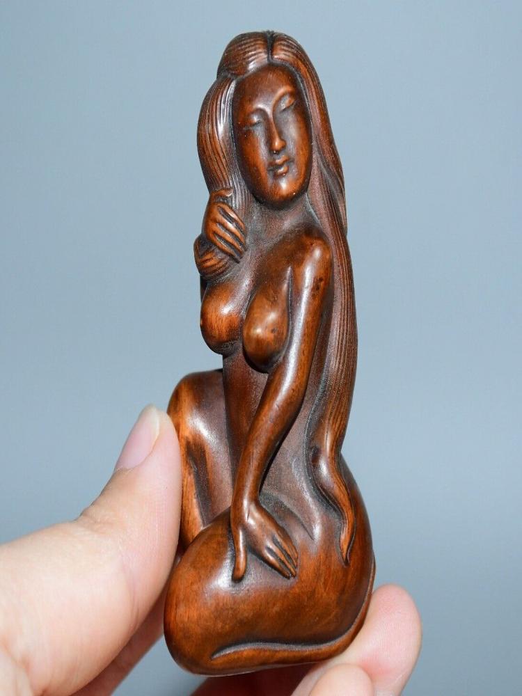 Chinese Boxwood Wood Carving Sexy Woman Figure Statue Wooden Sculpture Decor Art