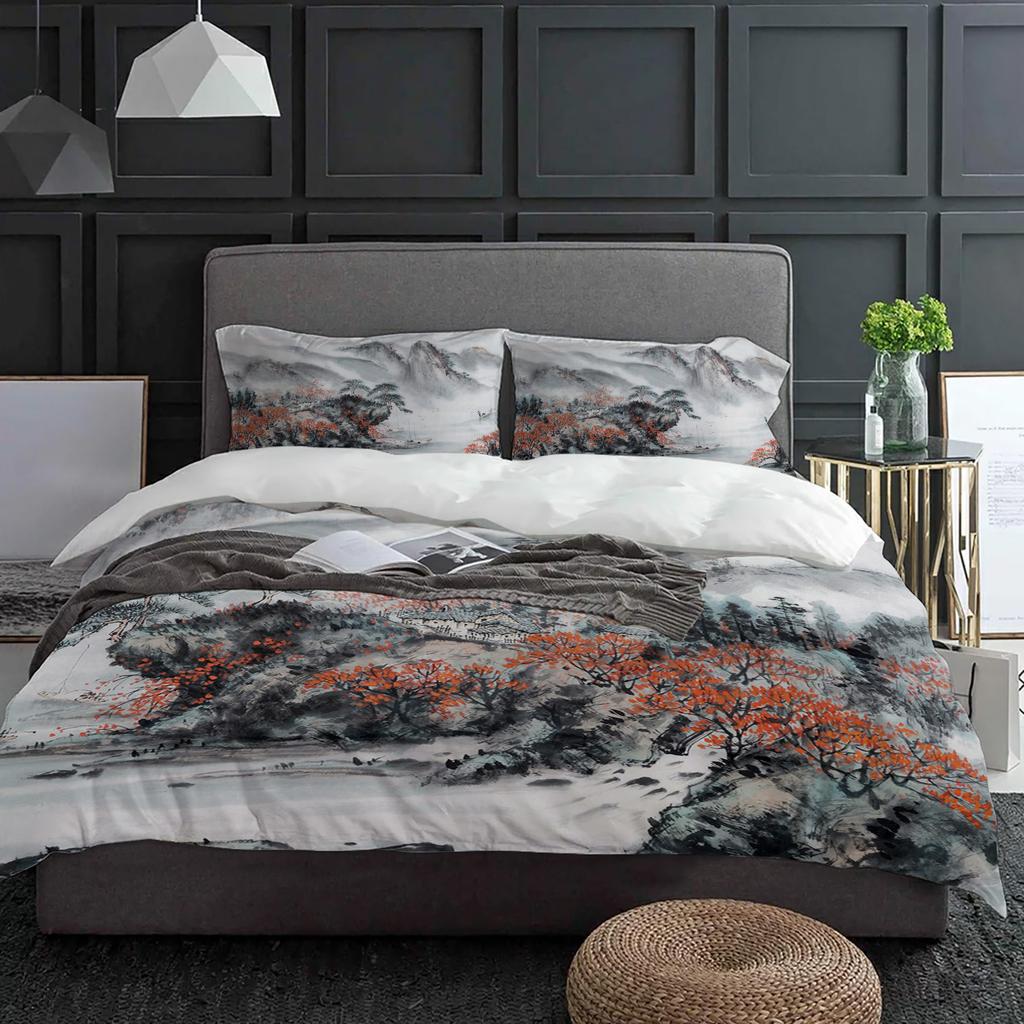 Пододеяльник в стиле китайской живописи тушью с наволочкой, на заказ, комплект постельного белья из 3 предметов, пододеяльник, двуспальная кровать, домашний текстиль