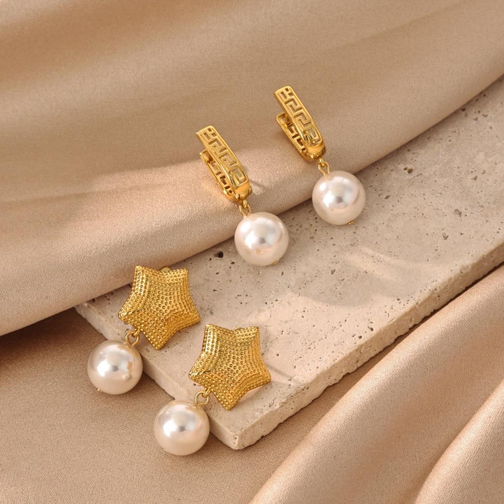 Imitation‑Pearl Star‑Pendant Women Earrings, 18K Gold‑Plated Copper Versatile Temperament Ear Jewelry