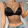 New Sexy Mesh Crop Tops for Women Summer Rhinestones Fashion Party Club See Through Fishnet Tank Hollow Out Backless Top