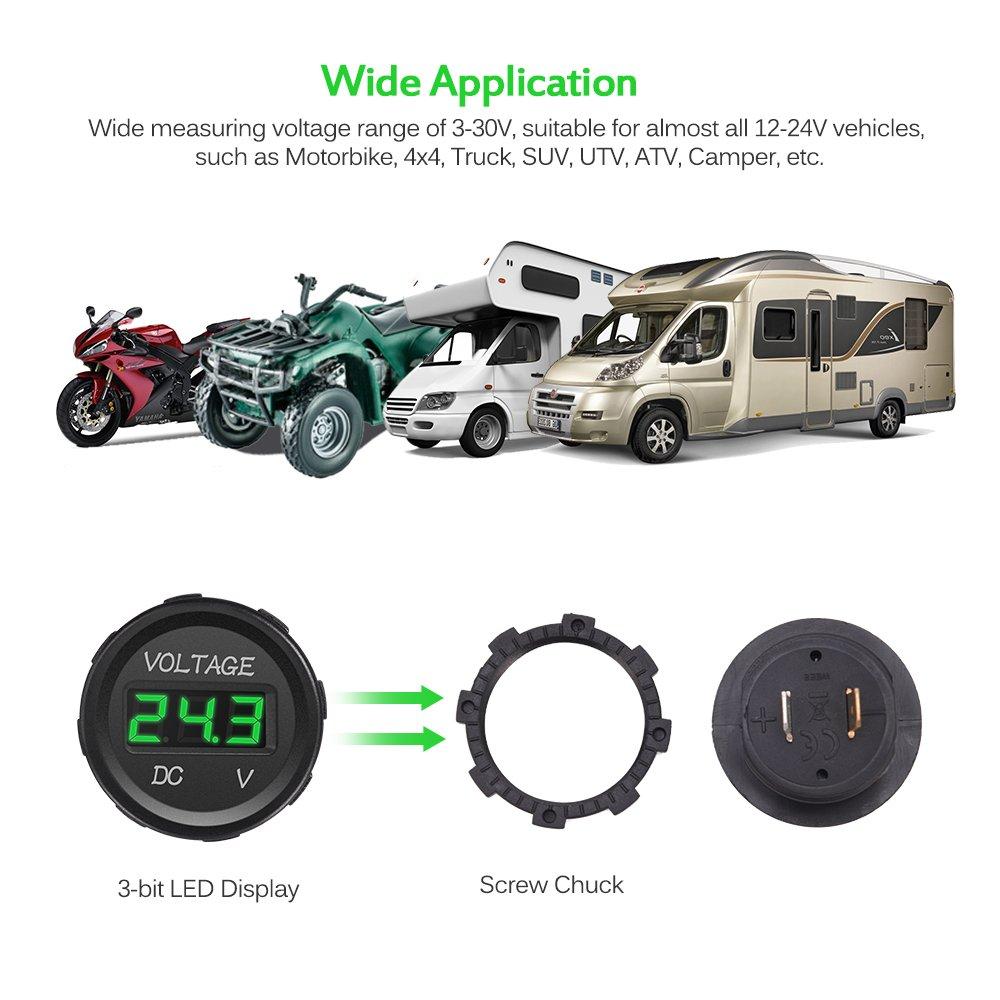 MICTUNING DC 12V LED Digital Display Voltmeter Waterproof Compatible with Boat Marine Vehicle Motorcycle Truck ATV UTV Car Camper Caravan Green