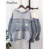 FiveFive Denim Patchwork Cardigan Coat Women Long Sleeve Hooded Loose Letter Patch Sweater Jacket Autumn Winter