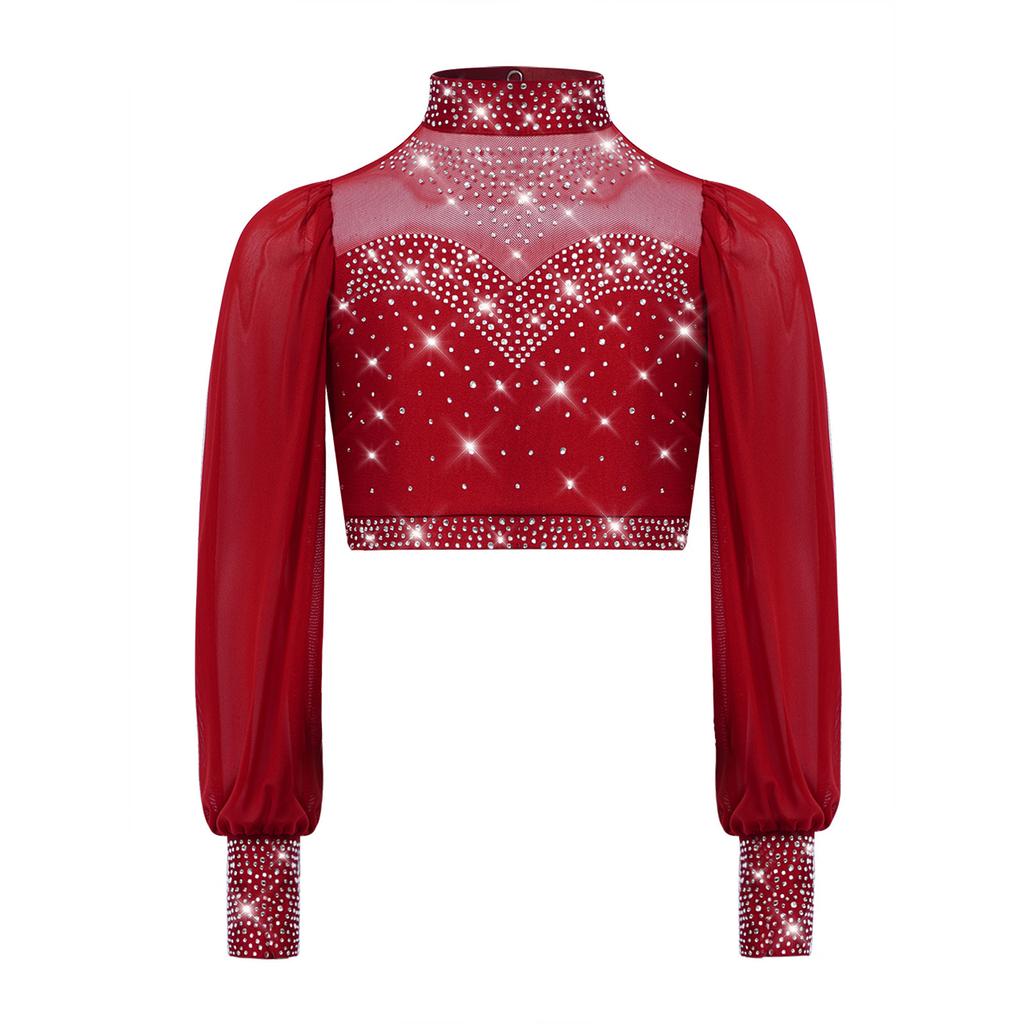 Девочки Сетчатый Танцевальный Топ с Длинным Рукавом, Воротником-стойкой, Вырезом на Спине и Стразами, Укороченный для Лирического Балета