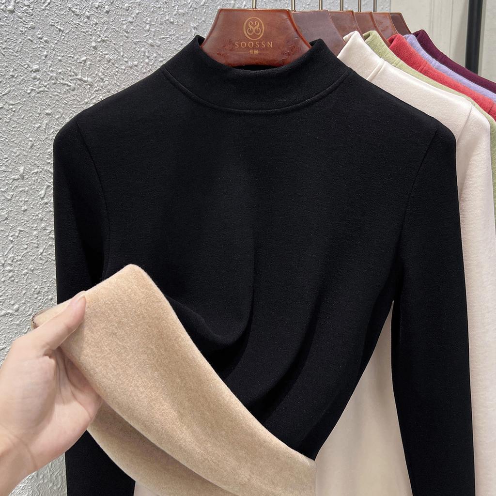 Autumn and Winter Women's Clothing Containing Wool and Silk Bottoming Shirt Women's Inner Heating Fleece Warm Turtleneck Top with Fleece and Thicker