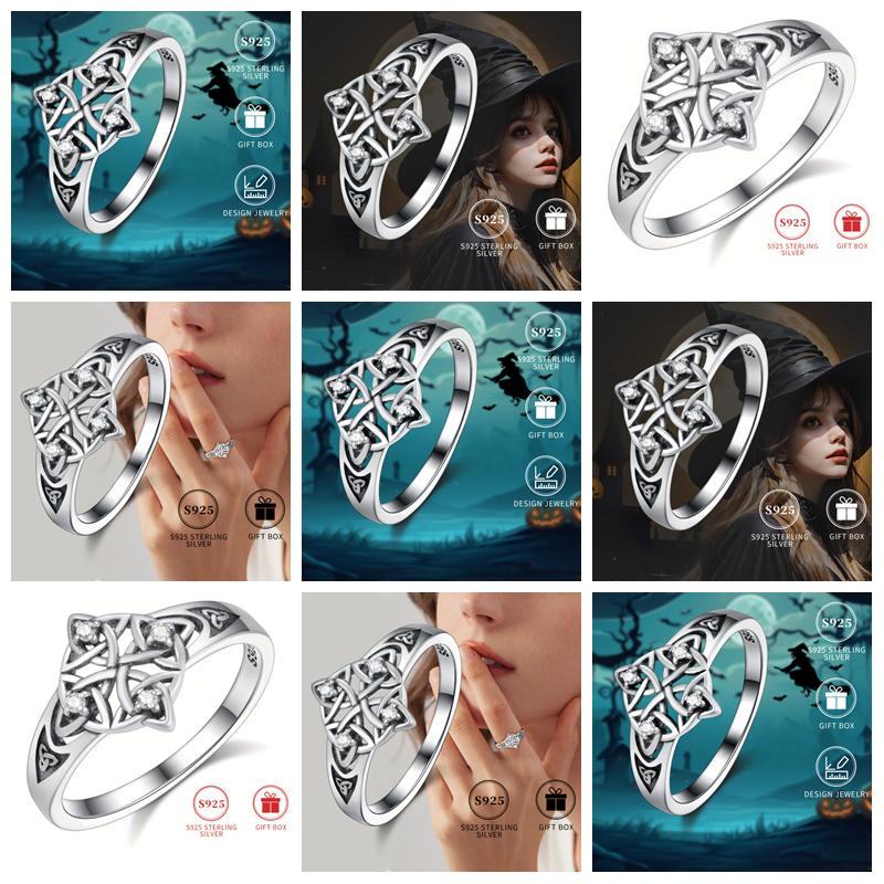 Women's Ring S Pure silver witch knot inlaid with synthetic zirconia Hypoallergenic and nickel-free Witchcraft Celtic Amulet Ring Geometric Celtic