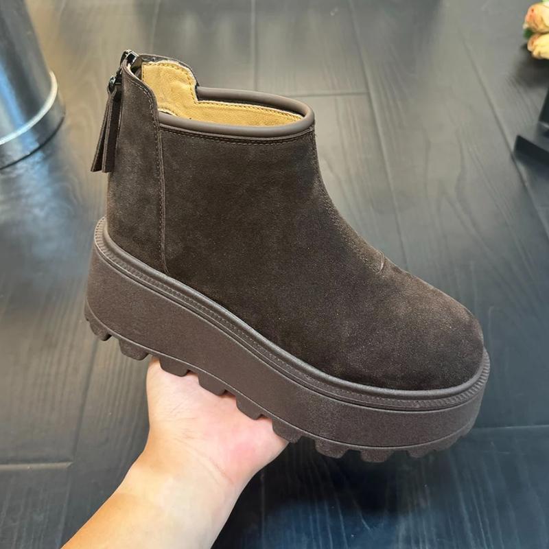 Модные женские замшевые зимние ботинки на платформе, модная обувь на плоской подошве, плюшевые теплые ботильоны, тренд 2025 года, новые брендовые кроссовки, зимние уютные женские ботинки