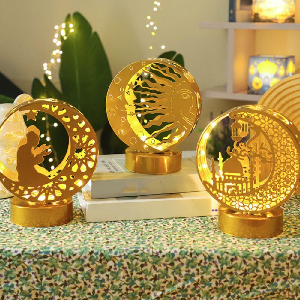Gold Moon Castle LED Light Wrought Iron Ramadan Desk Ornament Ramadan Night Light Bedroom