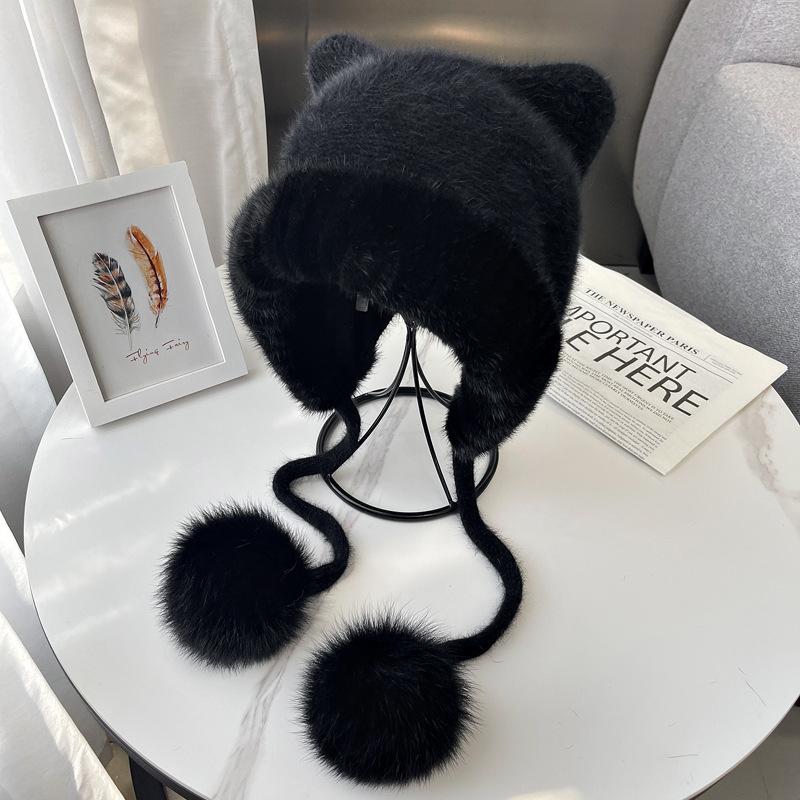 Luxury Women's Hand Knitted Adjustable Winter Beanie Mink/Fox Fur Lined Thermal Ear Protection Fashionable Functional Earmuffs