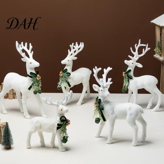 Christmas Season Home Ornaments White Flocked Elk Ornament, Ribbon Bell Decor 3D Standing Deer Decorative Window Display Accents Figurine, for Holiday