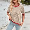 Женская мода весна-лето повседневный полосатый подходящие цвета круглый вырез трикотажный короткий рукав джемпер топ