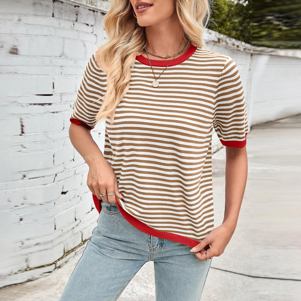 Женская мода весна-лето повседневный полосатый подходящие цвета круглый вырез трикотажный короткий рукав джемпер топ