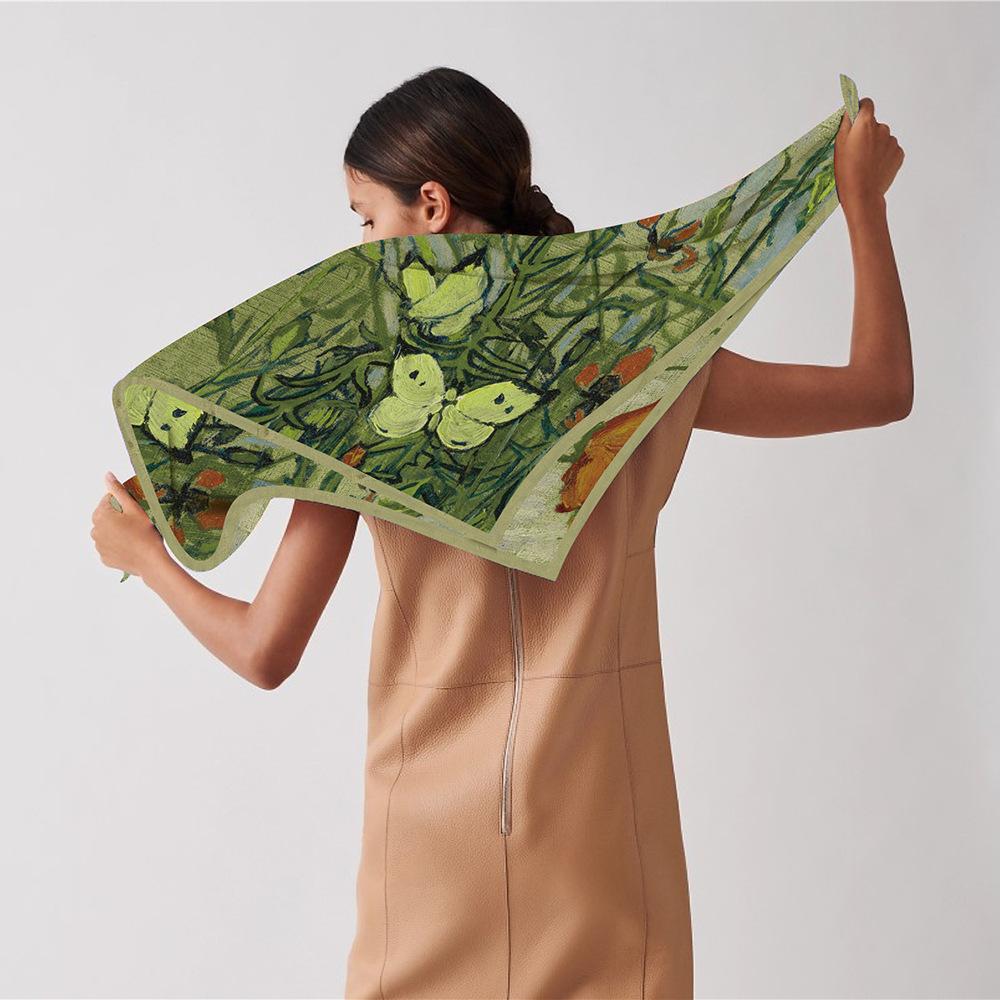 Silk Scarf Women Flowers Print Square Scarves Head Echarpe Silk Foulards Femme Wraps Beach Shawls Bandana Lady Hijabs 90CM