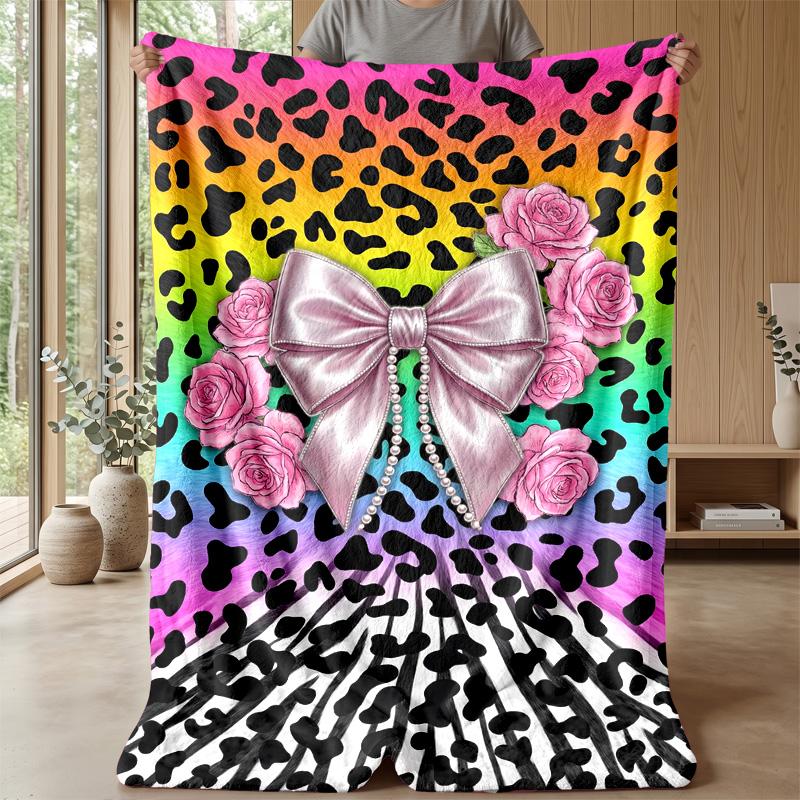 Rainbow Leopard Roses Bow Theme blanket Lightweight Warm Flannel Blanket Decorative Throw Blanket for Home Decoration