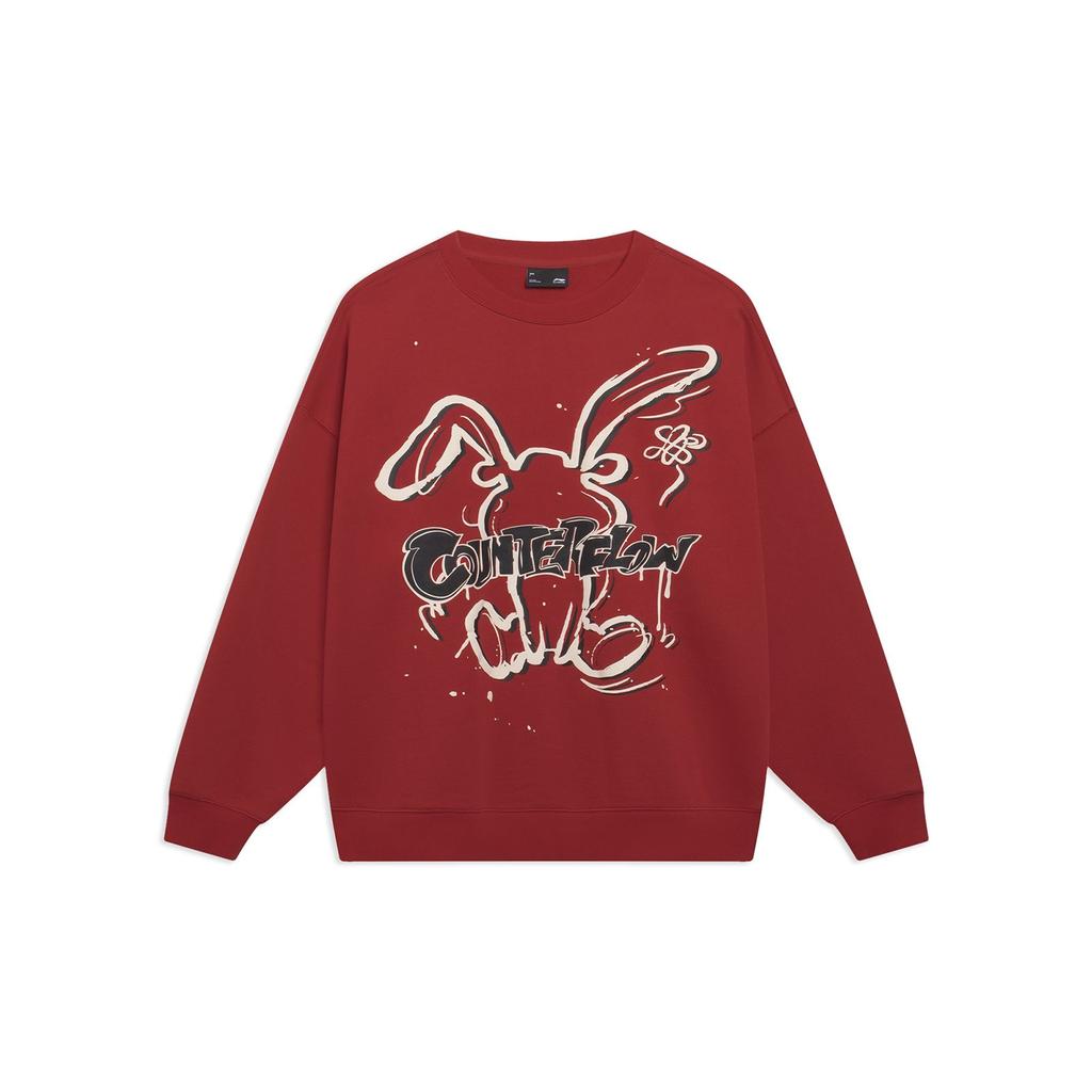 Li-Ning Cartoon Rabbit Pattern Casual Pullover Sweatshirt Unisex Tops Samba-Red AWDT527-4