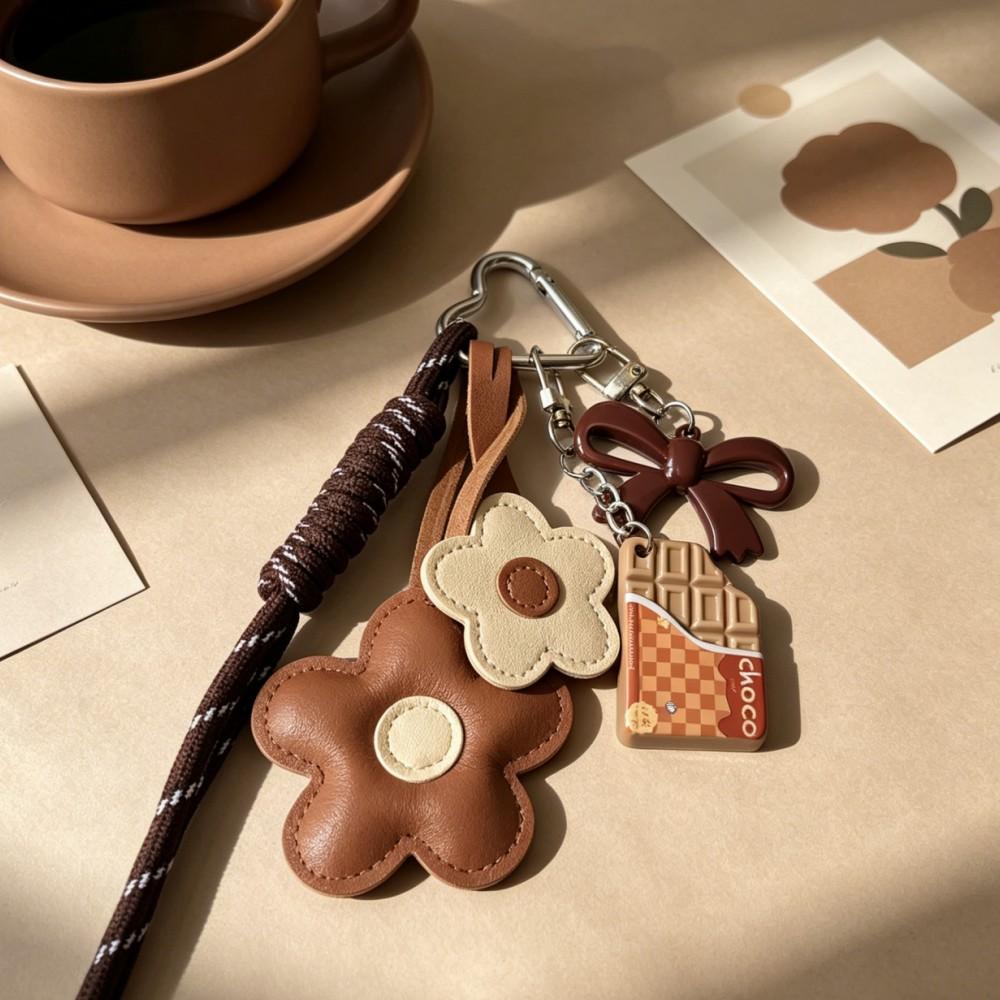 Flower Leather Bag Charm , Braided Cord & Acrylic Chocolate Bow, Cute Food Floral Accessory for Women Girls Bag Charm