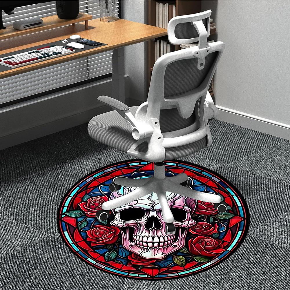 1PC Skull Rose Design Office Round Rug, Non slip, Soft and Durable Office Rug for Interior Decoration, Perfect for Office