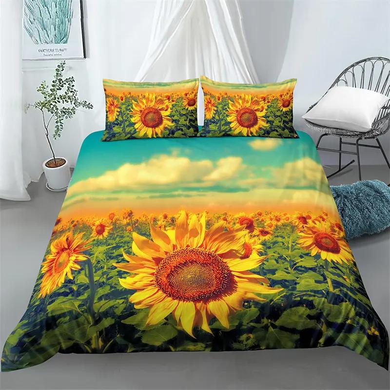 Sunflower Bedding Set Modern Microfiber Yellow Flowers Print Duvet Cover Alluring Sunflowers Summer Inspired Design Quilt Cover