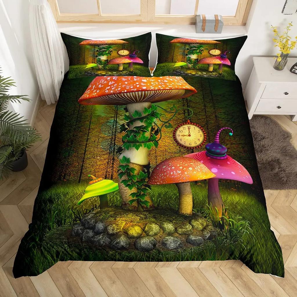 Mushroom Duvet Cover Set Burgundy Plant Fallen Leaves Bedding Set 2/3pcs For Boys Snail Print King Size Soft Comforter Cover