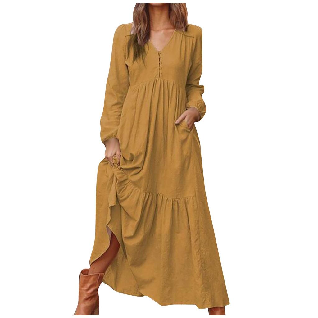 Women's Button Down Cotton Linen Vintage Casual Long Sleeve Dress