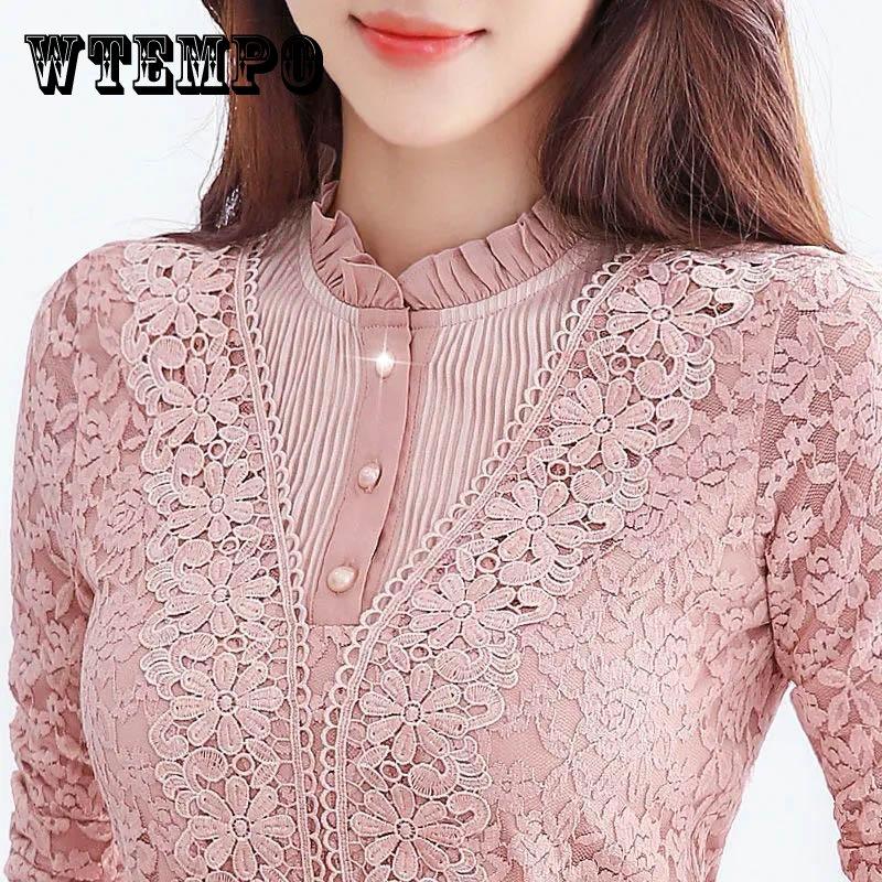 Autumn and Winter Fleece Thickened Lace Bottoming Shirt Ladies Long-sleeved All-match Modified Figure Plus Size Thermal Top