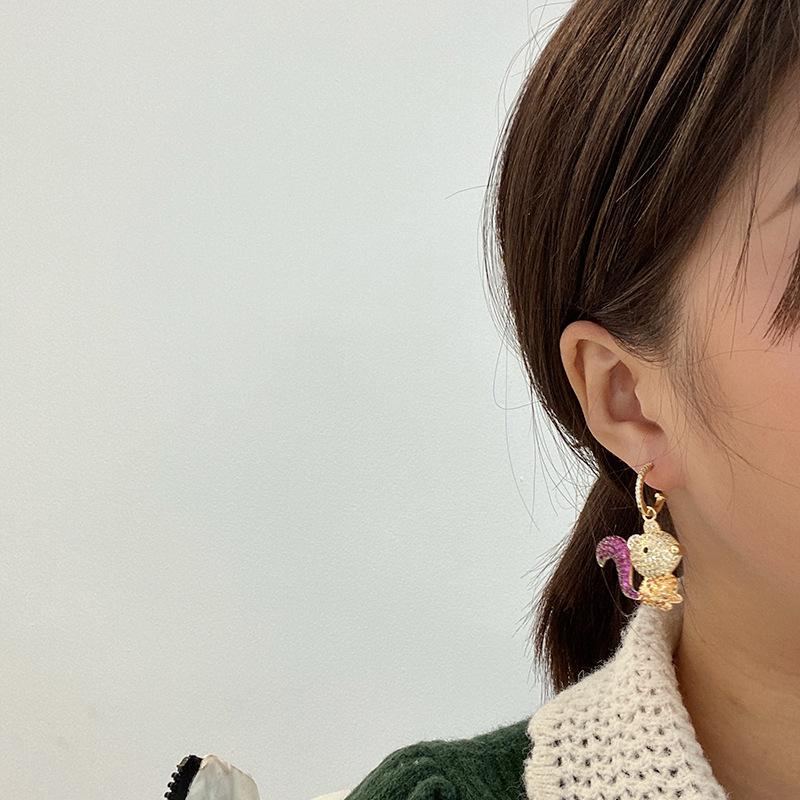 Trendy Squirrel Fruit 925 Silver Needle Earrings for Women Asymmetrical Cute Temperament Dangle Earrings Party Jewelry Gifts