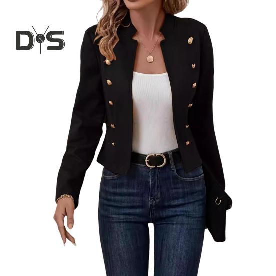 Женская куртка с воротником-стойкой, длинный рукав, двубортный короткий костюм, пальто, однотонная деловая верхняя одежда