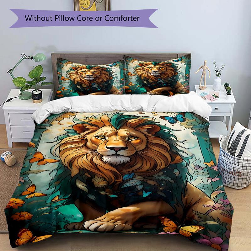 3pcs Lion, Butterfly Duvet Cover Set, Cover For Bedroom Guest Room (1 Duvet Cover + 2 Pillowcase, Without Quilt), yy250922099