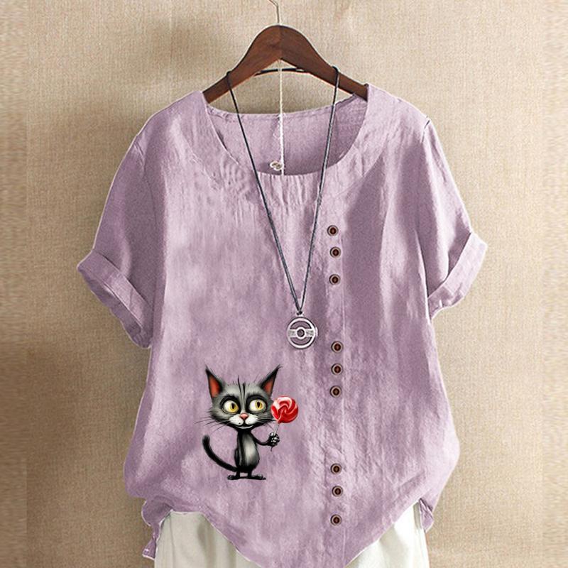Women's Fashion Cute Cat Prined Short Sleeve T-shirt Loose Cotton Shirt Casual Loose Summer Blouse Tops Plus Size