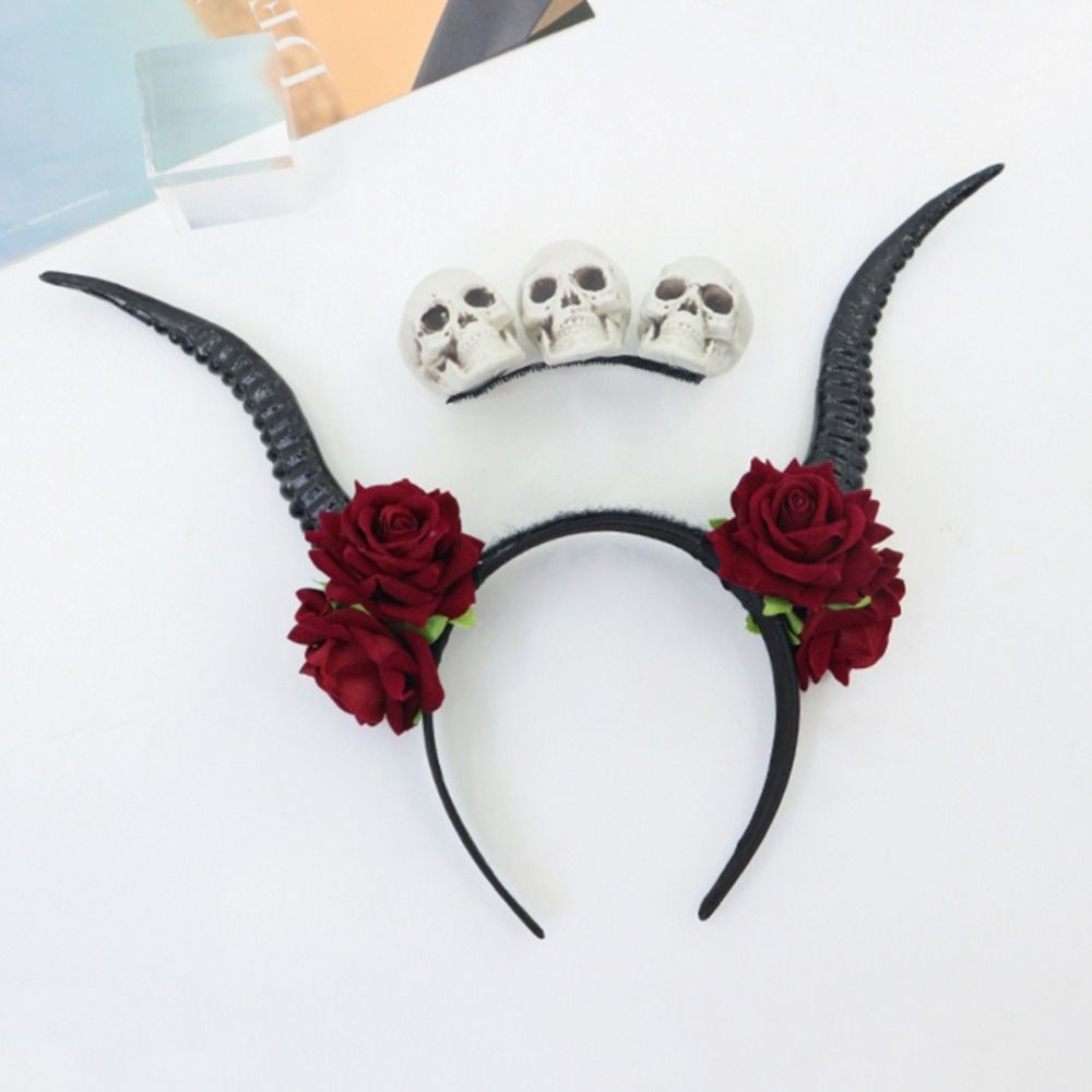 Skull Ox Horns Headband Gothic Style Red Rose Headband Hairbands Sheep Horn Hairband Costume Party