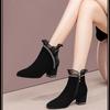 Осень и зима кружевной край со стразами матовая мягкая кожа толстый каблук короткие ботинки женские средний каблук 2025 новые женские ботильоны из мягкой кожи