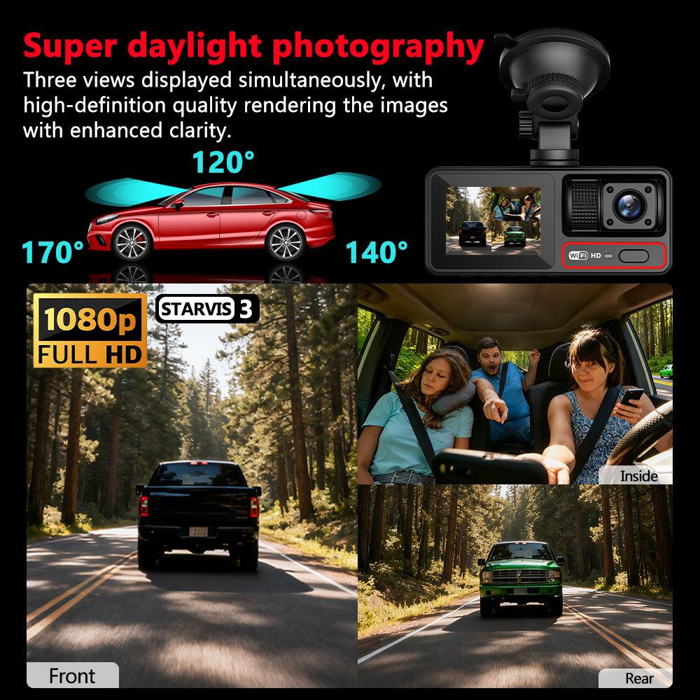3-Lens Dash Cam, 3-Channel Recording, WiFi, HD, Phone Sync