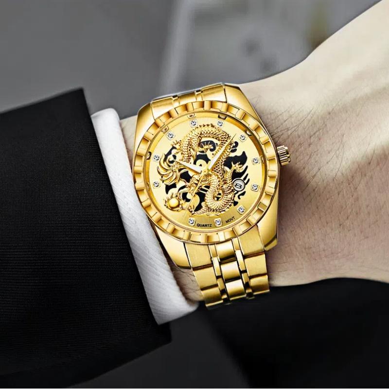 Модные простые часы с календарем Sun Wheel Golden Dragon для мужчин, деловые часы со стальным ремешком