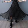 French Style Spring Summer Women Black Midi Skirt Elastic Waist Rose Mesh Patchwork Skirt Elegant Feminine Ladies' Chic Skirts