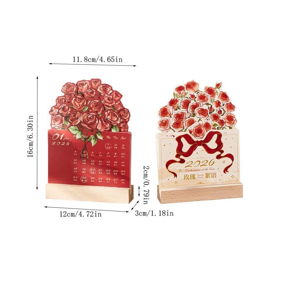 Simple 2026 Desk Calendar Card Insert Rose Painting Mini Calendar With Wooden Base Monthly Planner Desktop Decoration