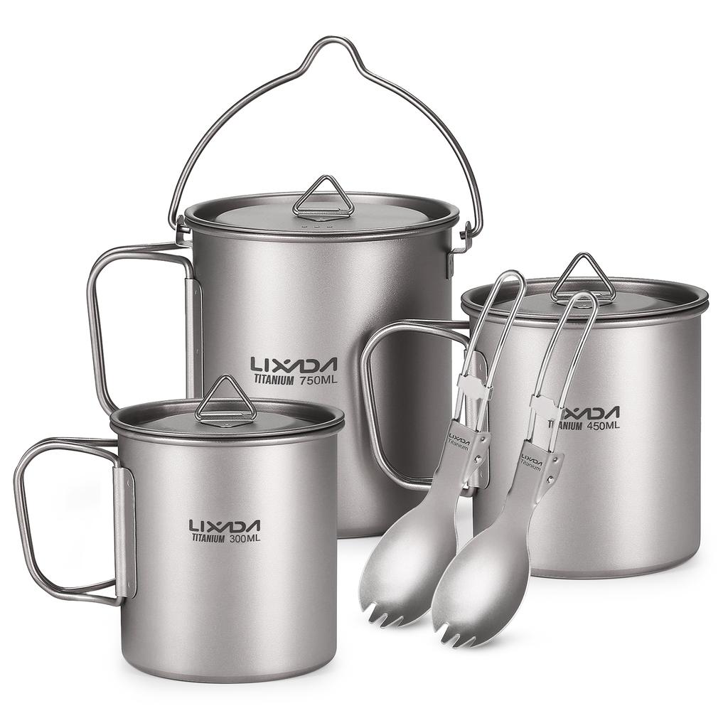 Lightweight Ti 5 Pieces Set Ti 750ml Pot 450ml and 350ml Water Cup with Lid Collapsible Handle