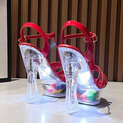 Женская обувь, босоножки на высоком каблуке с металлической пряжкой и цветочным принтом, босоножки на блочном каблуке с тонким ремешком, серия 10365, каблук 14 см, платформа 4 см, LFD