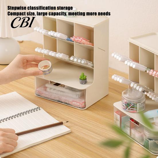 Pencil And Marker Holder Pen Holder, with 6 Slanted Compartments Drawer, Multi-Functional Desktop Tidy Organizer Large Capacity Storage for