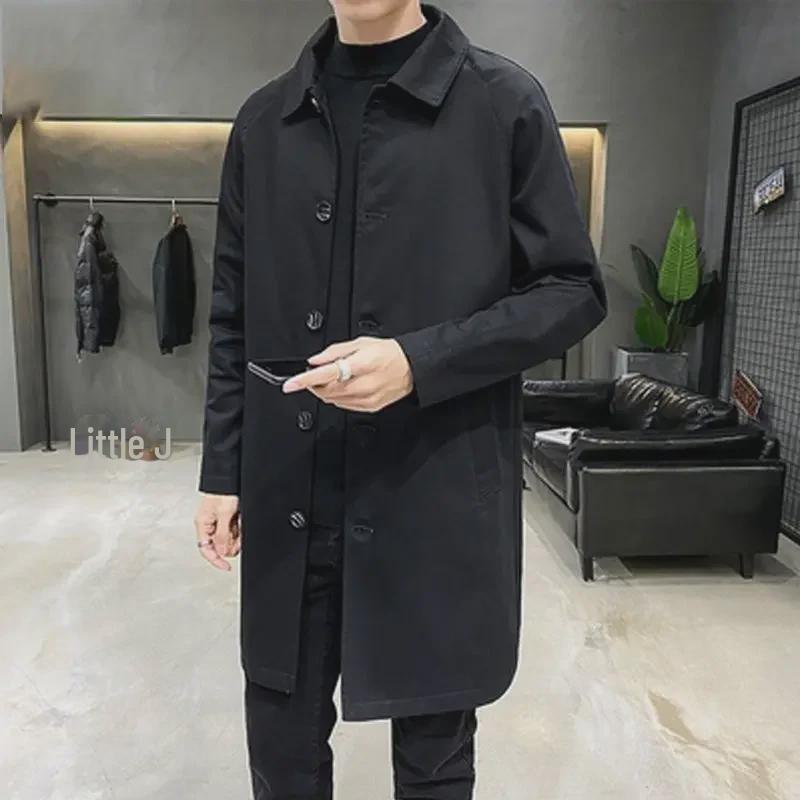 Мужская повседневная однотонная ветровка средней длины с тонкими лацканами на весну и осень