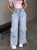 Women Casual Bowknot Decor Jeans Y2k Blue Baggy Denim Trousers Loose Straight Sweet Coquette Aesthetic Washed Jeans