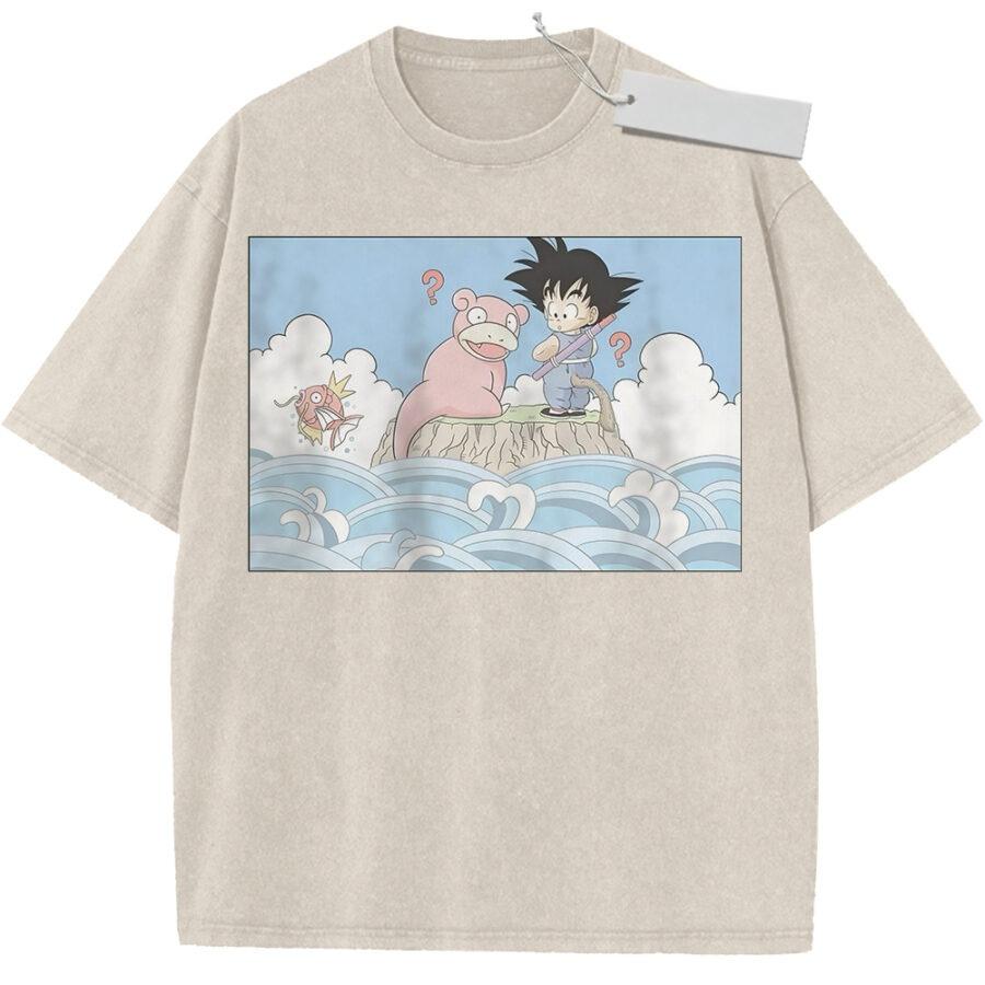 Unisex Washed Beige Vintage Tshirt Dragon Ball Goku Slowpoke Beach Highquality Fabric for Home Leisure Travel Shopping