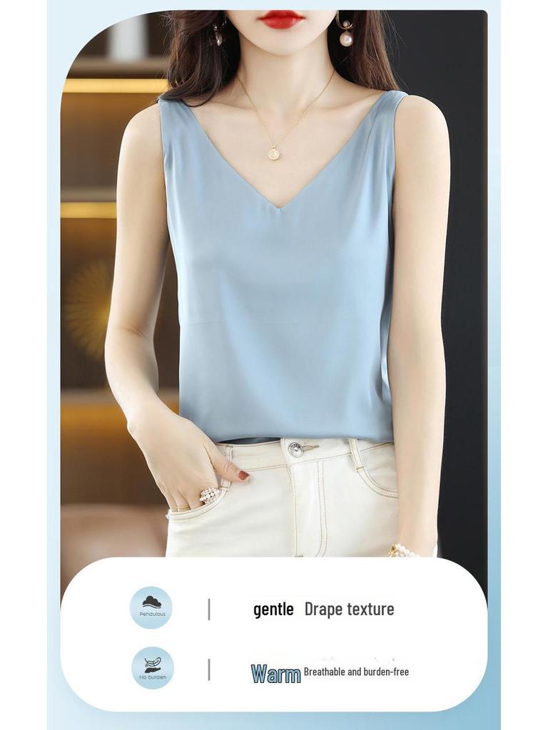 Женская летняя шелковая майка, атласный топ с V-образным вырезом, уникальный базовый слой.